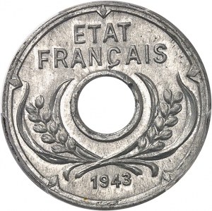État Français (1940-1944). Frappe d’essai de 5 cent(ième), tranche lisse, type non adopté, Frappe spéciale (SP) 1943, Hanoï.