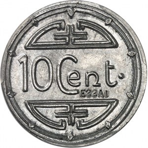 Prozatímní vláda Francouzské republiky (1944-1946). Zkouška 10 cent(ièmes) s ESSAI en creux, na hliníkovém polotovaru, R. Mercier, Frappe spéciale (SP) 1945, Hanoj.
