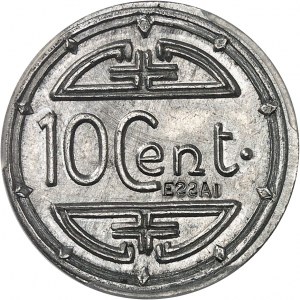Provisional Government of the French Republic (1944-1946). Trial of 10 cent(ièmes) with ESSAI en creux, on aluminum blank, by R. Mercier, Frappe spéciale (SP) 1945, Hanoi.