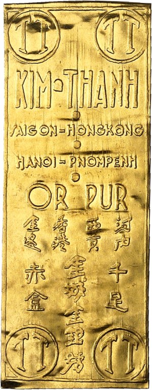 Third Republic (1870-1940). Gold ingot (stamped gold plate) from the Kim Thanh house, worth 1 tael or luöng ND (1920-1945).