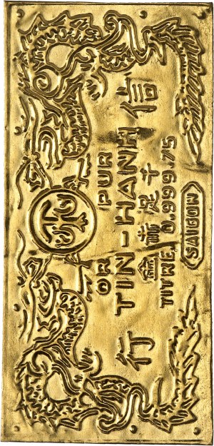 Třetí republika (1870-1940). Zlatý slitek (ražený zlatý plíšek) z domu Kim Thanh v hodnotě 1 tael nebo luöng ND (1920-1945).