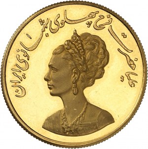Mohammad Reza Pahlavi (1941-1979). Złoty medal 40-lecia panowania królowej Farah Diba Pahlavi, czerniony blankiet (PROOF) SH 2537 (1978).