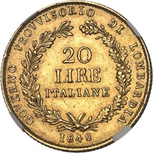 Lombardia, dočasná vláda (1848). 20 lír 1848, M, Miláno.