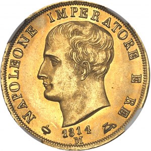 Milan, royaume d’Italie, Napoléon Ier (1805-1814). 40 lire, 2e type, tranche en creux 1814, M, Milan.