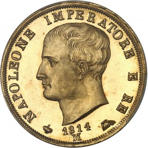 Milan, royaume d’Italie, Napoléon Ier (1805-1814). Épreuve de 40 lire, 2e type, tranche en creux, Flan bruni (PROOF) 1814 (1814-1816), M, Milan.