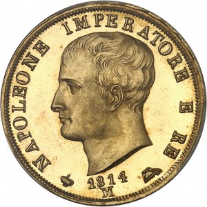 Mediolan, Królestwo Włoch, Napoleon I (1805-1814). Dowód 40 lirów, 2. typ, wklęsły brzeg, wypalony flan (PROOF) 1814 (1814-1816), M, Mediolan.