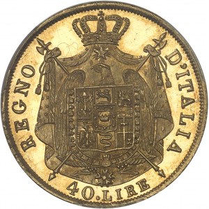 Milan, royaume d’Italie, Napoléon Ier (1805-1814). Épreuve de 40 lire, 2e type, tranche en creux, Flan bruni (PROOF) 1814 (1814-1816), M, Milan.