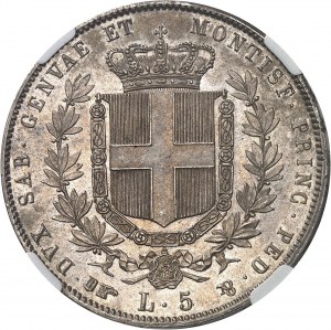 Sabaudia-Sardynia, Wiktor-Emmanuel II (1849-1861). 5 lirów 1857, głowa orła, Turyn.