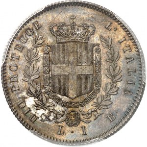Viktor Emanuel II., zvolený král (1859-1861). 1 lira, 1. typ 1859, B, Bologna.