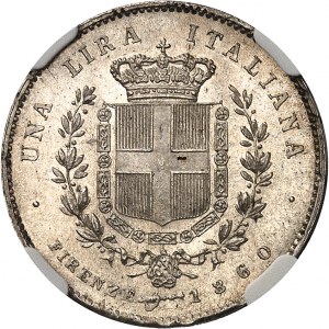 Viktor Emanuel II., zvolený král (1859-1861). 1 lira, 2. typ 1860, Florencie.