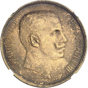 Victor-Emmanuel III (1900-1946). Essai de 100 lire en métal doré avec Minerve et l’Agriculture par S. Johnson, Flan bruni mat (PROOF) 1903, Milan (Johnson).
