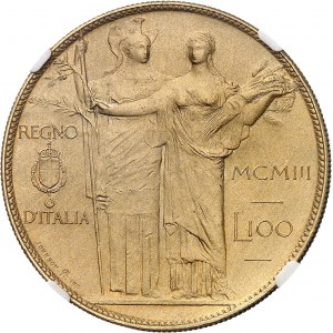 Victor-Emmanuel III (1900-1946). Esej o wartości 100 lirów ze złoconego metalu z Minerwą i Rolnictwem autorstwa S. Johnsona, matowy, czerniony blankiet (PROOF) 1903, Mediolan (Johnson).