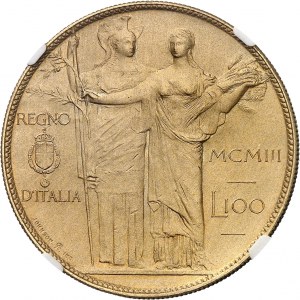 Vittorio Emanuele III (1900-1946). Saggio da 100 lire in metallo dorato con Minerva e Agricoltura di S. Johnson, bianco brunito opaco (PROVA) 1903, Milano (Johnson).