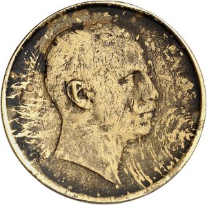 Viktor Emanuel III (1900-1946). Skúška osadenia mincovne 20 lír v pozlátenom kove s minervou a poľnohospodárstvom od S. Johnsona 1903, Miláno (Johnson).