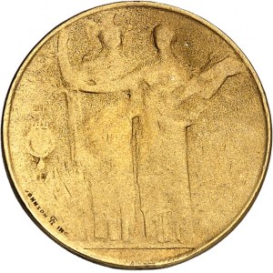 Victor-Emmanuel III (1900-1946). Essai de réglage de frappe de 20 lire en métal doré avec Minerve et l'Agriculture par S. Johnson 1903, Milan (Johnson).