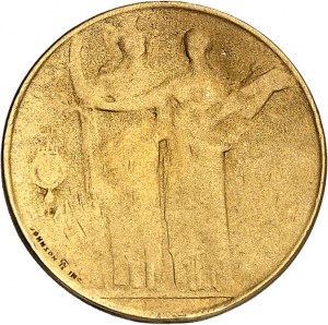 Viktor Emanuel III (1900-1946). Skúška osadenia mincovne 20 lír v pozlátenom kove s minervou a poľnohospodárstvom od S. Johnsona 1903, Miláno (Johnson).