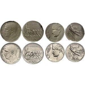 Viktor Emanuel III (1900-1946). Sada 5, 10, 20 a 50 centesimi v krabičke, normálne razidlá (MS) a razidlá na matných polotovaroch (Matte PROOF) 1920, Rím.