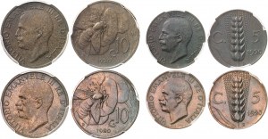 Viktor Emanuel III (1900-1946). Sada 5, 10, 20 a 50 centesimi v krabičke, normálne razidlá (MS) a razidlá na matných polotovaroch (Matte PROOF) 1920, Rím.