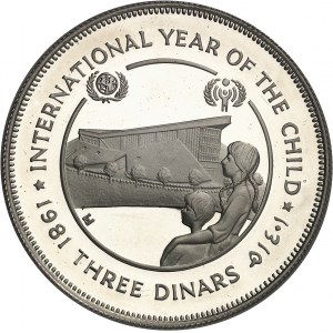 Husajn Ibn Talál (1952-1999). Trojdinárová minca, Medzinárodný rok dieťaťa 1979 (IYC) AH 1401 - 1981, Londýn.