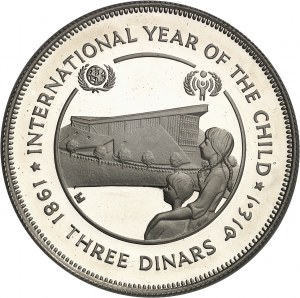 Hussein Ibn Talal (1952-1999). Moneta da 3 dinari, Anno Internazionale del Bambino 1979 (IYC) AH 1401 - 1981, Londra.