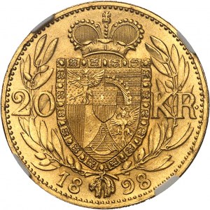 John II, Prince (1858-1929). 20 kroner, 40th anniversary of reign 1898, Vienna.