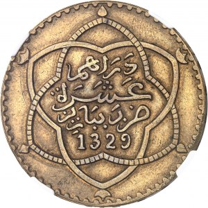 Moulay Hafid I (1908-1912). Présérie de 10 dirhams (1 rial) en bronze-aluminium, bez ESSAI AH 1329 (1911), Paryż.