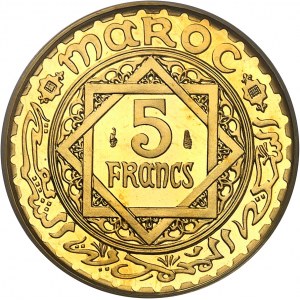 Mohammed V (1927-1961). Zlatá mince v hodnotě 5 franků, leštěný polotovar (PROOF) AH 1370 (1951), Paříž.