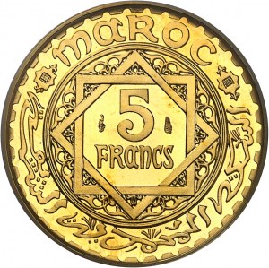 Maometto V (1927-1961). 5 franchi d'oro proof, bianco brunito (PROOF) AH 1370 (1951), Parigi.