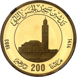Hassan II (1961-1999). Bankovka 200 dirhamů na zlatém polotovaru, Inaugurace mešity Hassana II. v Casablance, leštěný polotovar (PROOF) 1993 - AH 1414.