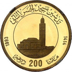 Hassan II (1961-1999). Bankovka 200 dirhamů na zlatém polotovaru, Inaugurace mešity Hassana II. v Casablance, leštěný polotovar (PROOF) 1993 - AH 1414.