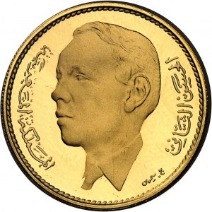 Hassan II (1961-1999). Stejnopis 1 dirhamu ve zlatě, leštěný polotovar (PROOF) 1965 - AH 1384, Paříž.