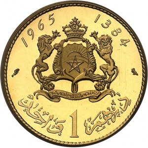 Hassan II (1961-1999). Stejnopis 1 dirhamu ve zlatě, leštěný polotovar (PROOF) 1965 - AH 1384, Paříž.