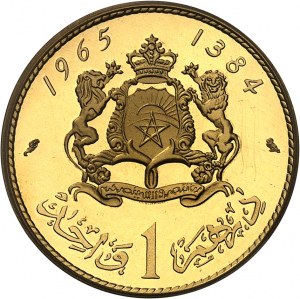 Hassan II (1961-1999). Stejnopis 1 dirhamu ve zlatě, leštěný polotovar (PROOF) 1965 - AH 1384, Paříž.