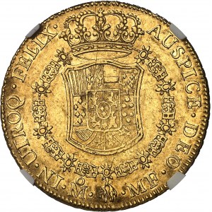 Karl III (1759-1788). 8 Escudos mit dem Rattenkopf 1765 MF, M°, Mexico City.