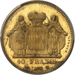 Honoré V (1819-1841). Próba 40 franków w złoconej miedzi, autor: É. Rogat, Frappe spéciale (SP) 1838, Monako.