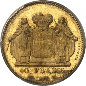 Honoré V (1819-1841). Essai de 40 francs en cuivre doré, by É. Rogat, Frappe spéciale (SP) 1838, Monaco.