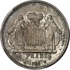 Honoré V. (1819-1841). Versuch von 2 Francs aus Silber, von É. Rogat, Frappe spéciale (SP) 1838, Monaco.