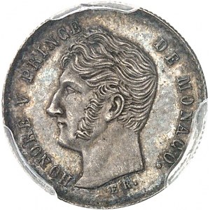 Honoré V (1819-1841). Prova di un 1/4 di franco in argento, di É. Rogat, Frappe spéciale (SP) 1838, Monaco.