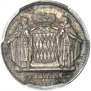 Honoré V (1819-1841). Próba 1/4 franka w srebrze, autor: É. Rogat, Frappe spéciale (SP) 1838, Monako.