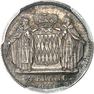 Honoré V. (1819-1841). Zkouška 1/4 franku ve stříbře, É. Rogat, Frappe spéciale (SP) 1838, Monako.