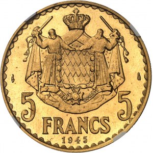 Louis II (1922-1949). Versuch von 5 Francs in Gold 1945, Paris.