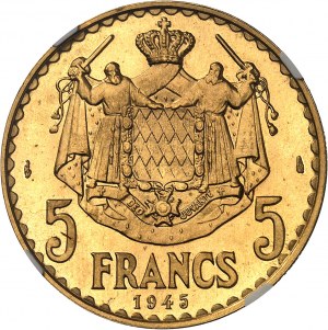 Luigi II (1922-1949). Prova di 5 franchi in oro 1945, Parigi.