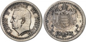 Ľudovít II (1922-1949). Súbor dvoch strieborných skúšok v hodnote 1 a 2 frankov od L. Mauberta ND (1943), Paríž.