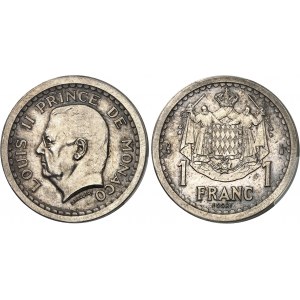 Ľudovít II (1922-1949). Súbor dvoch strieborných skúšok v hodnote 1 a 2 frankov od L. Mauberta ND (1943), Paríž.