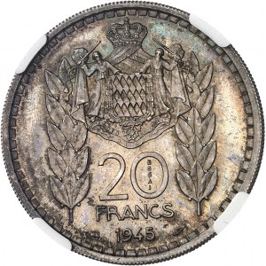 Luigi II (1922-1949). Saggio da 20 franchi in argento, Flan bruni (PROVA) 1945, Parigi.