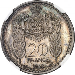 Ludvík II (1922-1949). Esej 20 franků ve stříbře, Flan bruni (PROOF) 1945, Paříž.