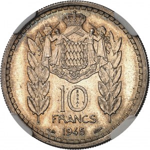 Louis II (1922-1949). Versuch von 10 Francs in Silber, gebräunter Zuschnitt (PROOF) 1945, Paris.