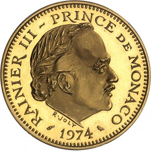 Rainier III (1949-2005). Złota moneta o nominale 5 franków, oksydowany flan (PROOF) 1974, Paryż.