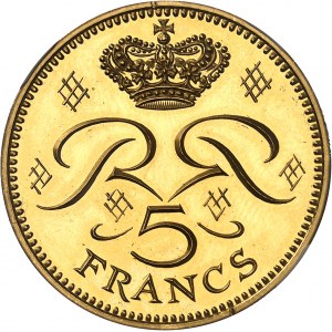 Rainier III (1949-2005). Zlatá minca v nominálnej hodnote 5 frankov, leštený flanel (PROOF) 1974, Paríž.