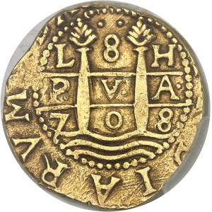 Filippo V (1700-1746). 8 escudos 1708 LH, Lima.